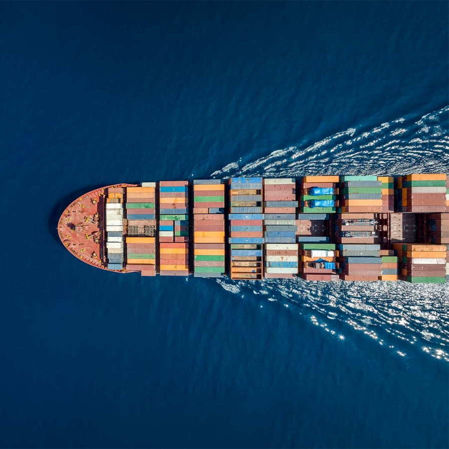 A large container ship in the water